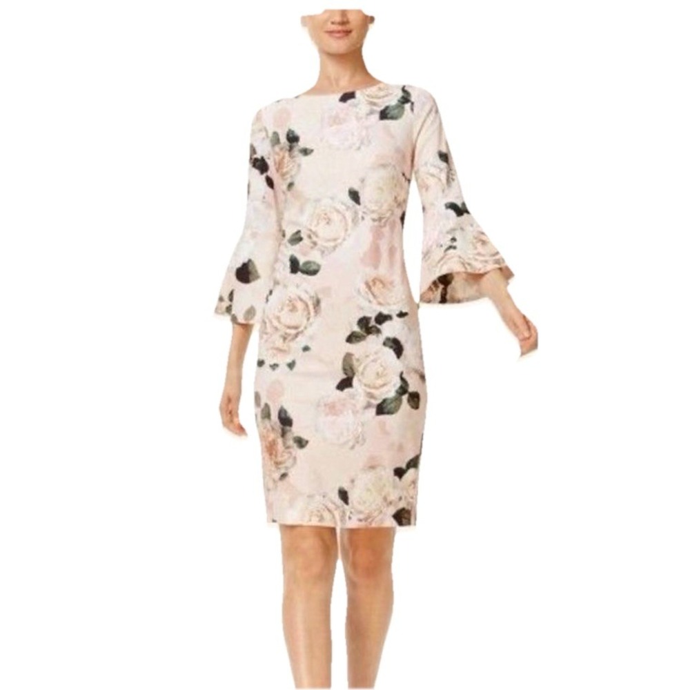 Calvin Klein Pink Floral Bell Sleeve Stretch Crepe Sheath Dress Size 6‎ - Picture 2 of 15
